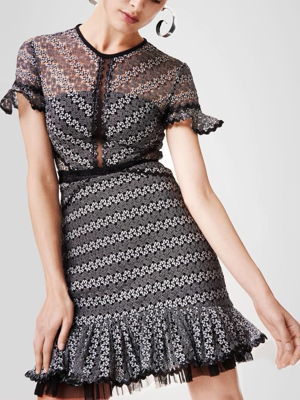 Few Moda Light of Day Gray Black Crochet Mesh Flounce Dress Sz L
